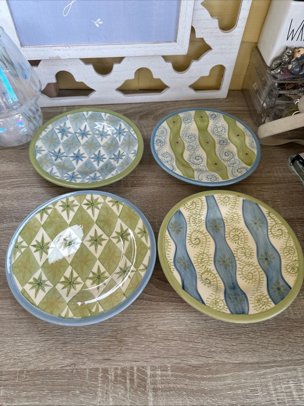 Pottery Barn Allegra Salad Plates 8.5" Green Blue Hand Painted Set Of 4